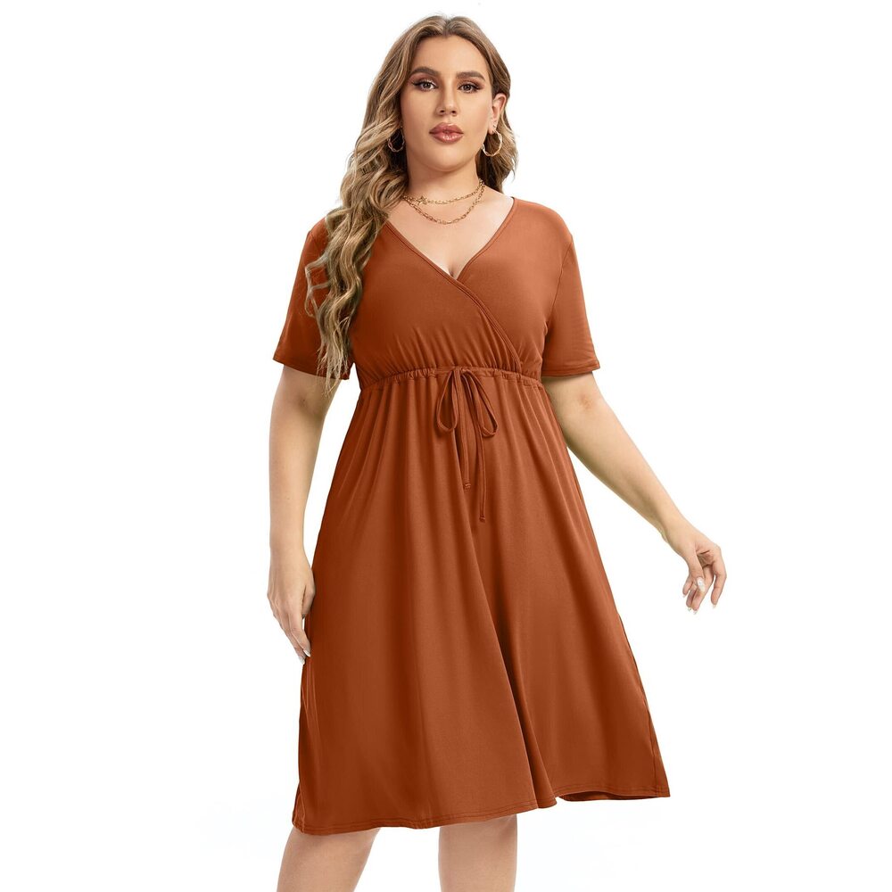 4499 Plus Size Dress V Neck A-Line Knee Length Wrap Mini Dress with Belt